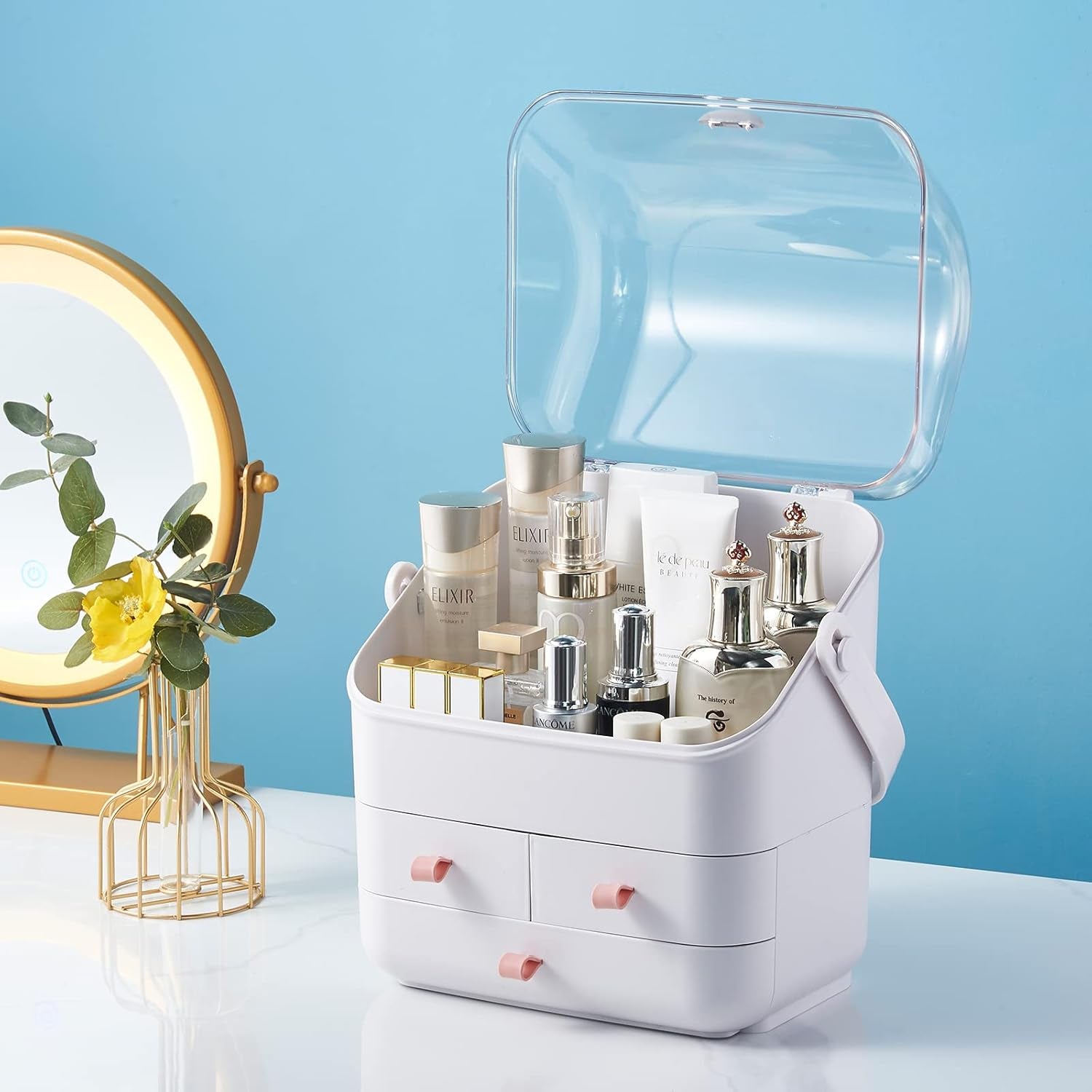 White Preppy Skincare Organizers Makeup Organizer Holder Beauty Cosmetic Storage Box Large Display Case and Makeup Brush Holder with Cover Makeup Brush Container with Lid Clear Makeup Brush Holder Org