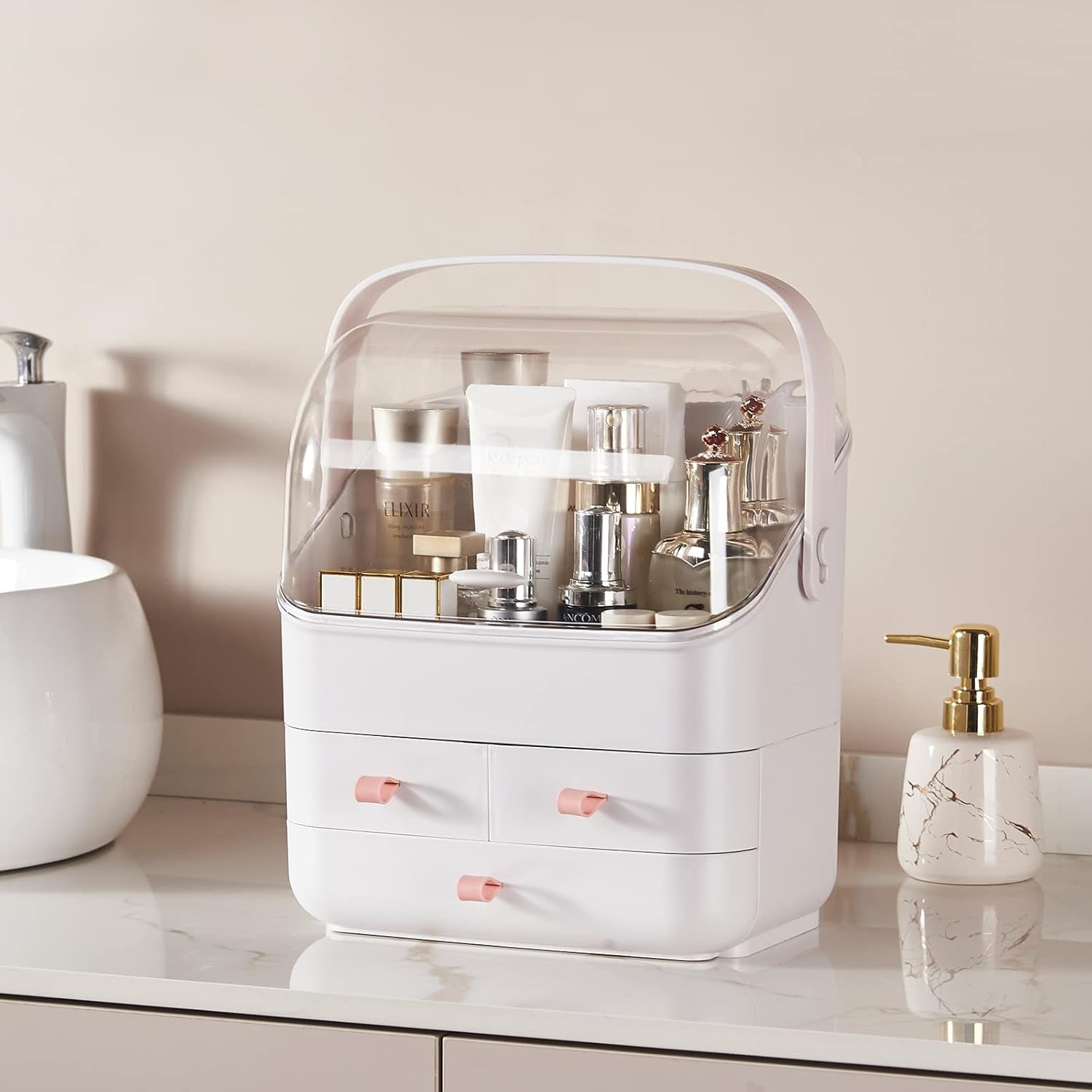 White Preppy Skincare Organizers Makeup Organizer Holder Beauty Cosmetic Storage Box Large Display Case and Makeup Brush Holder with Cover Makeup Brush Container with Lid Clear Makeup Brush Holder Org