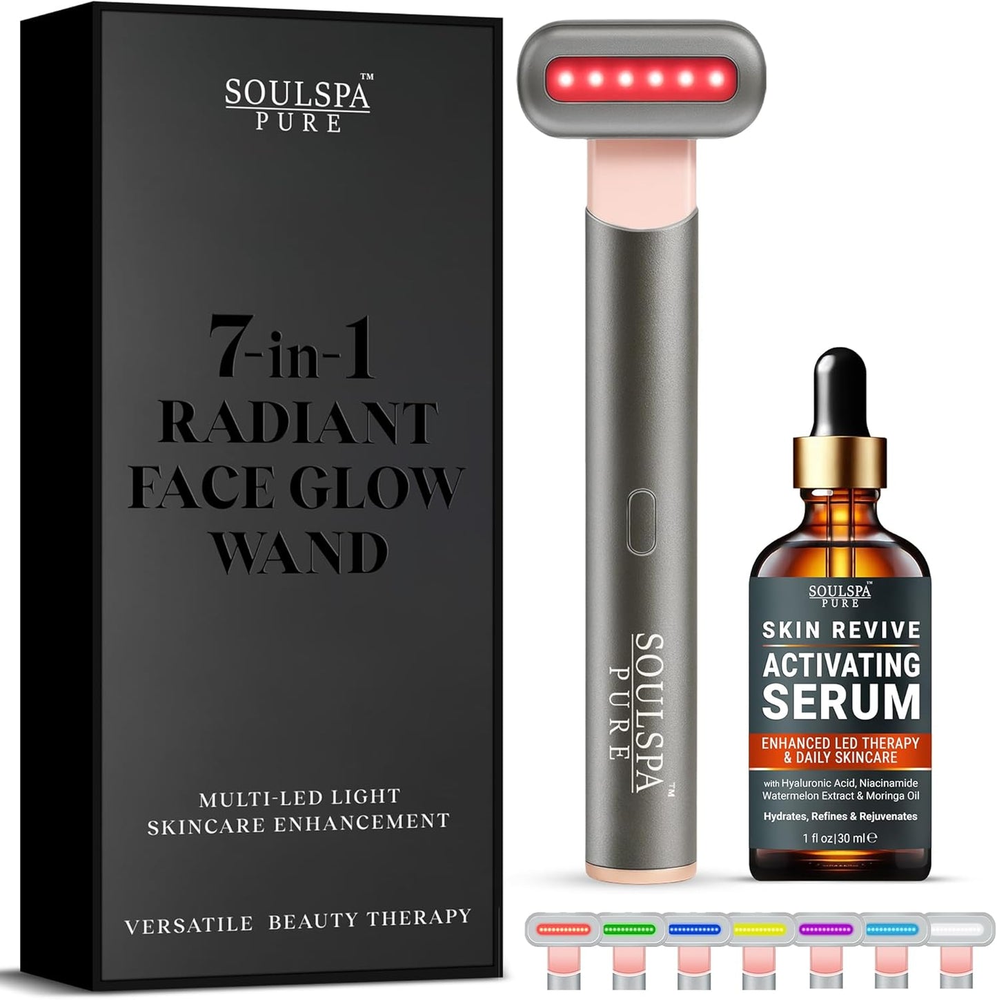 7 in 1 LED Light Wand for Face, Neck & Eye – Silver with Activating Serum | Multifunctional Skincare Tool for Home Use